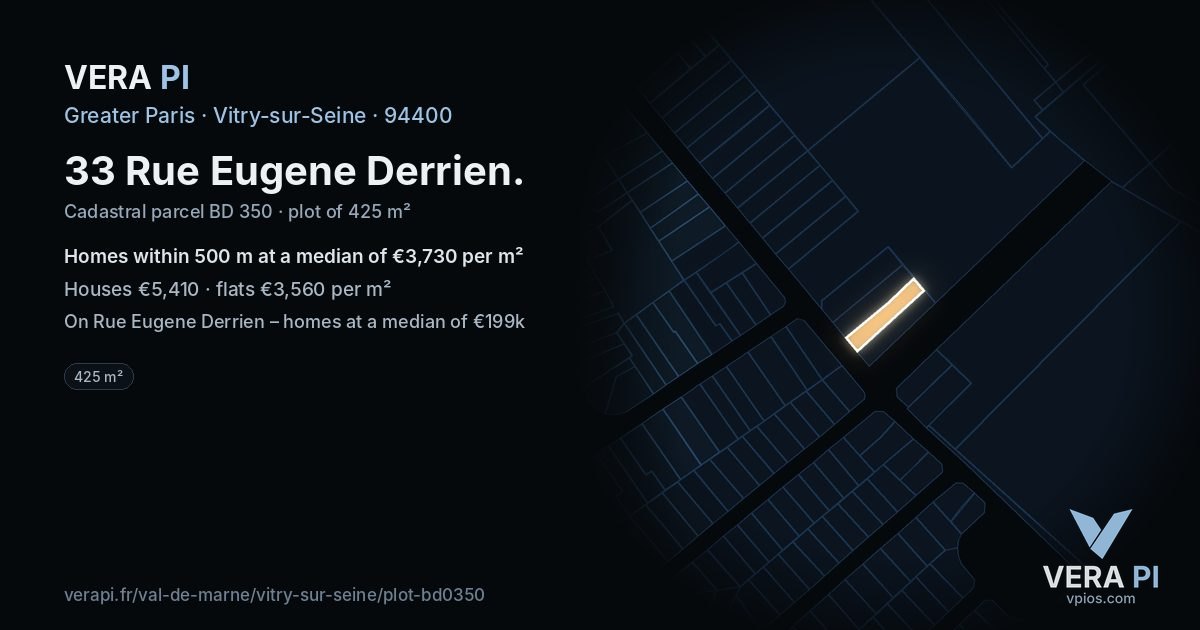 33 Rue Eugene Derrien, Vitry-sur-Seine at night – the plot lit, the parcels around coloured by the prices near them