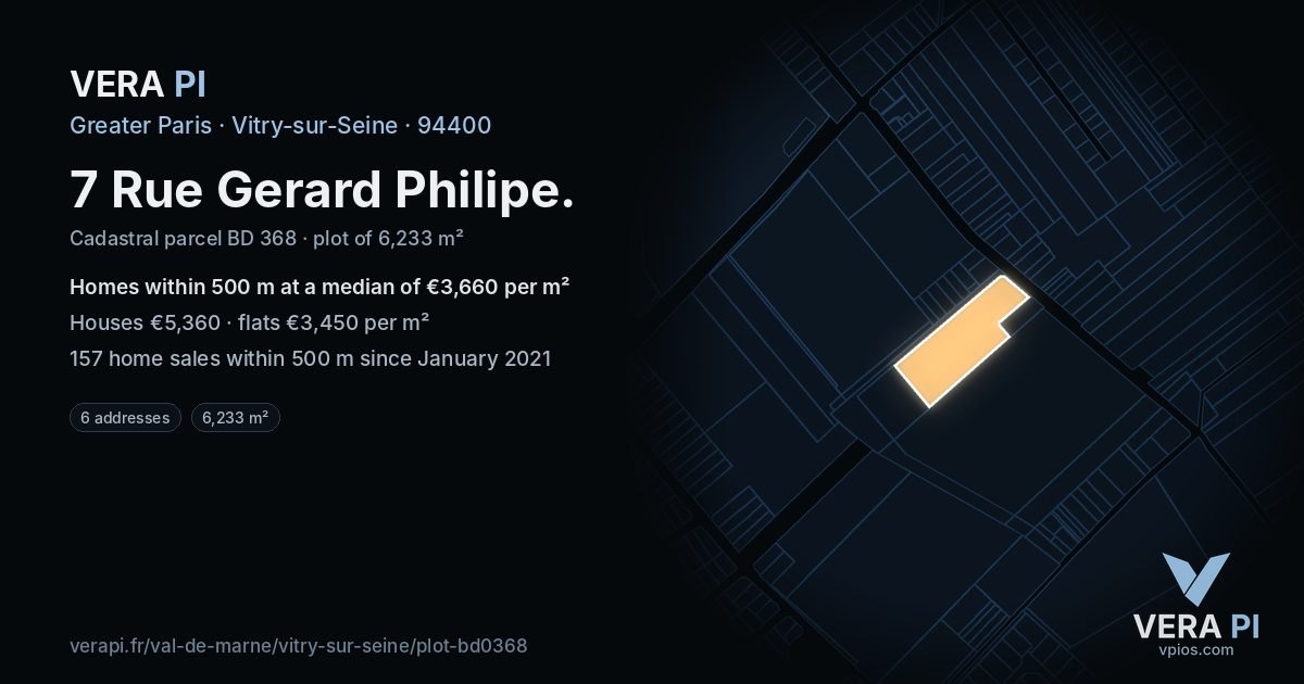 7 Rue Gerard Philipe, Vitry-sur-Seine at night – the plot lit, the parcels around coloured by the prices near them