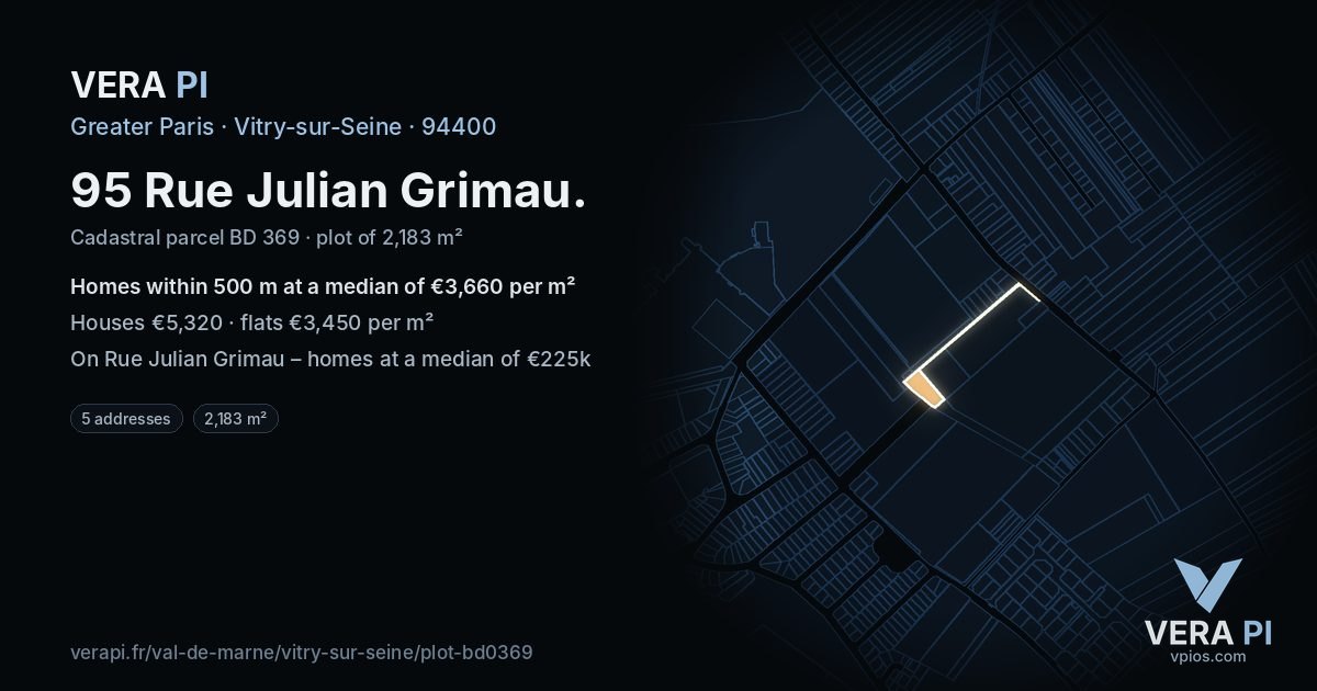 95 Rue Julian Grimau, Vitry-sur-Seine at night – the plot lit, the parcels around coloured by the prices near them