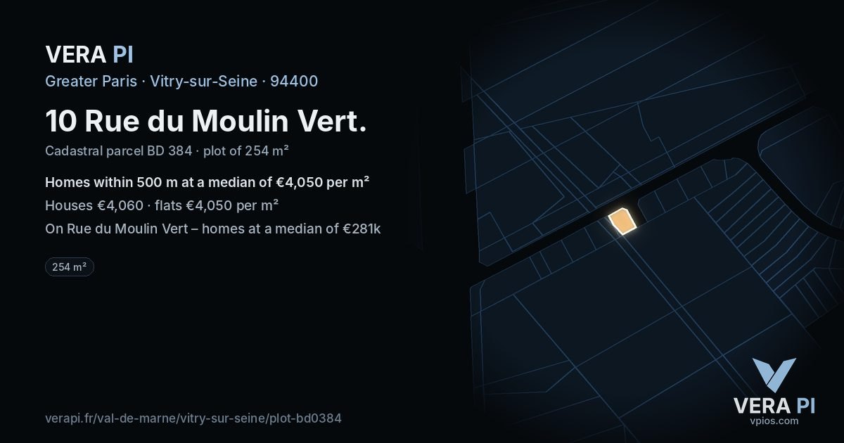 10 Rue du Moulin Vert, Vitry-sur-Seine at night – the plot lit, the parcels around coloured by the prices near them