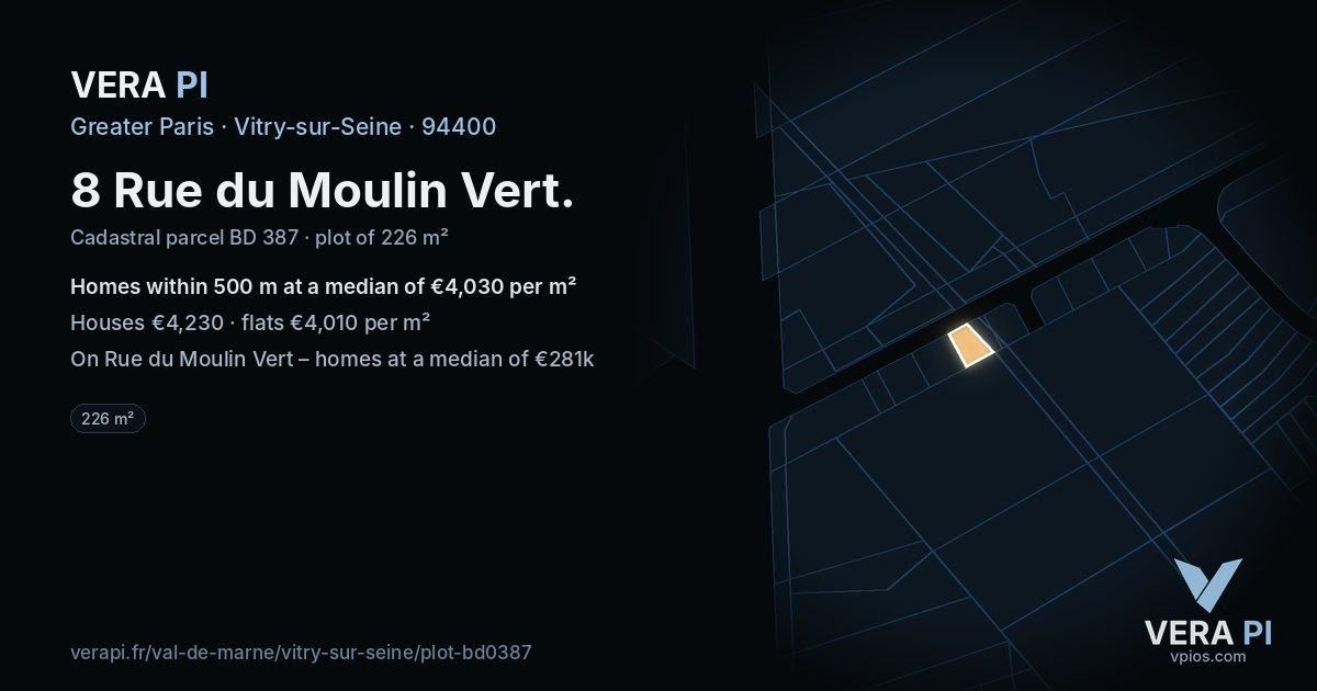 8 Rue du Moulin Vert, Vitry-sur-Seine at night – the plot lit, the parcels around coloured by the prices near them