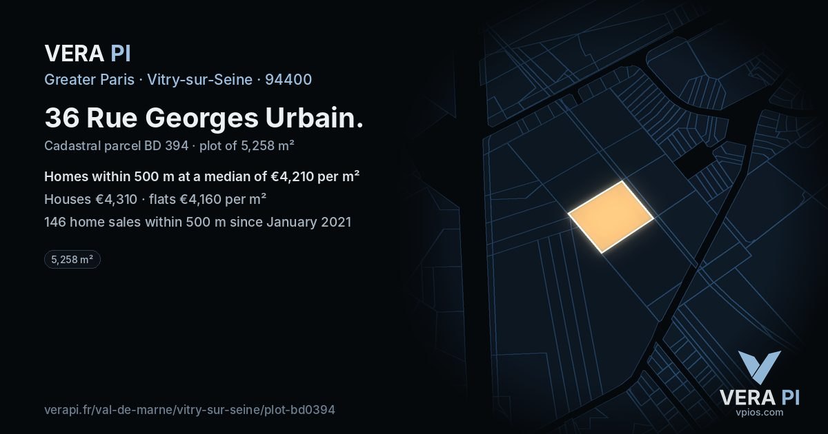 36 Rue Georges Urbain, Vitry-sur-Seine at night – the plot lit, the parcels around coloured by the prices near them