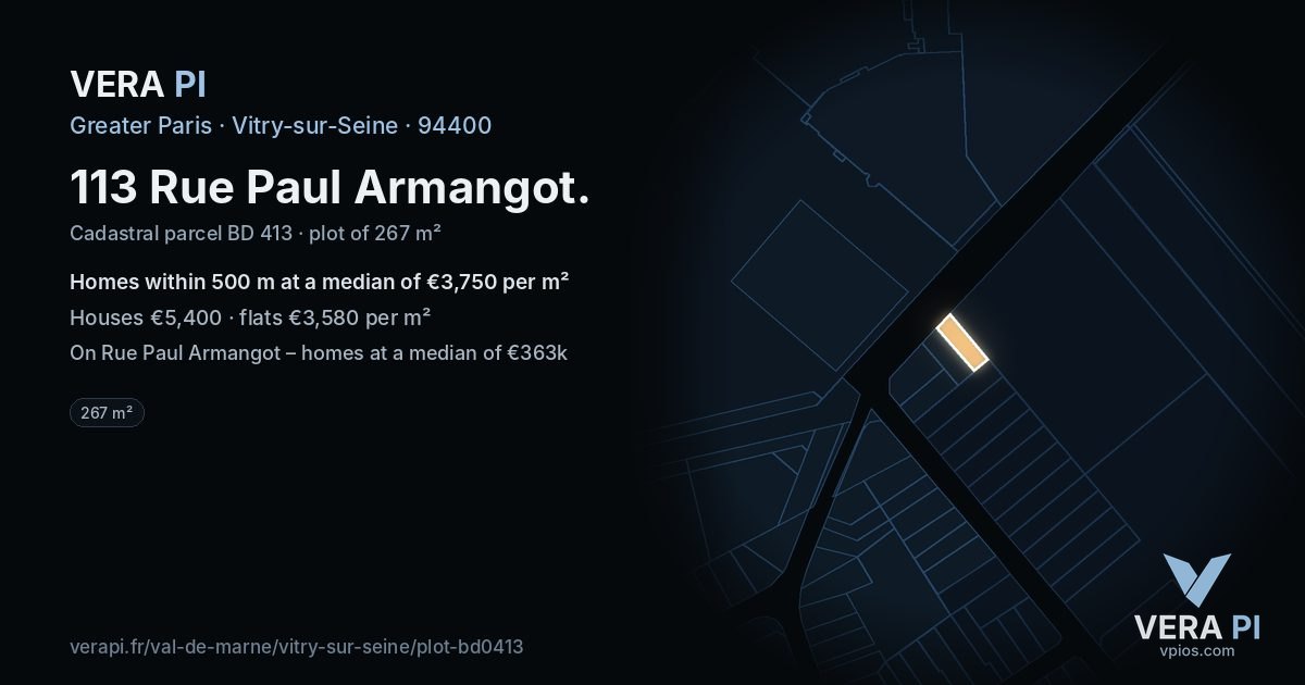 113 Rue Paul Armangot, Vitry-sur-Seine at night – the plot lit, the parcels around coloured by the prices near them
