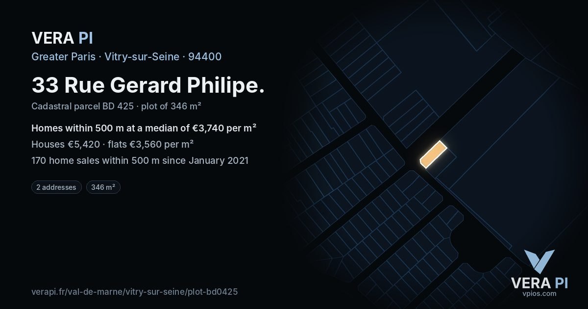 33 Rue Gerard Philipe, Vitry-sur-Seine at night – the plot lit, the parcels around coloured by the prices near them