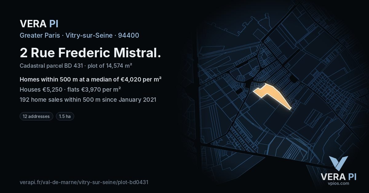 2 Rue Frederic Mistral, Vitry-sur-Seine at night – the plot lit, the parcels around coloured by the prices near them