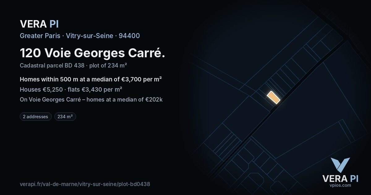 120 Voie Georges Carré, Vitry-sur-Seine at night – the plot lit, the parcels around coloured by the prices near them