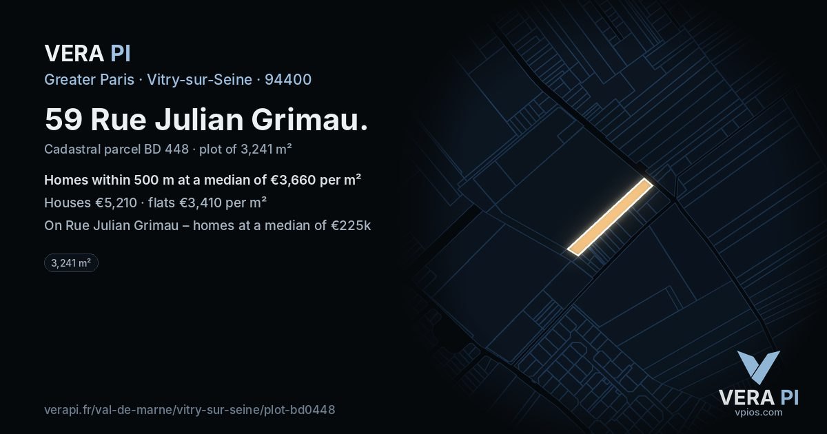 59 Rue Julian Grimau, Vitry-sur-Seine at night – the plot lit, the parcels around coloured by the prices near them