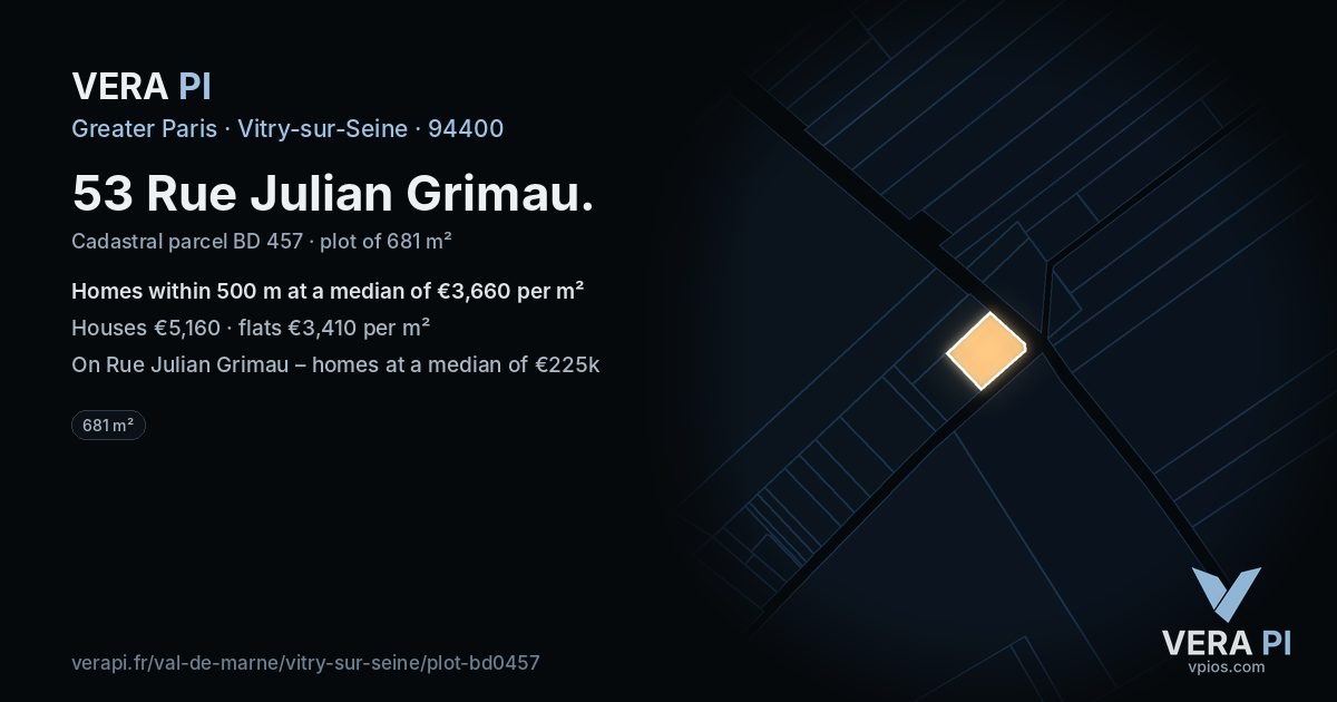 53 Rue Julian Grimau, Vitry-sur-Seine at night – the plot lit, the parcels around coloured by the prices near them