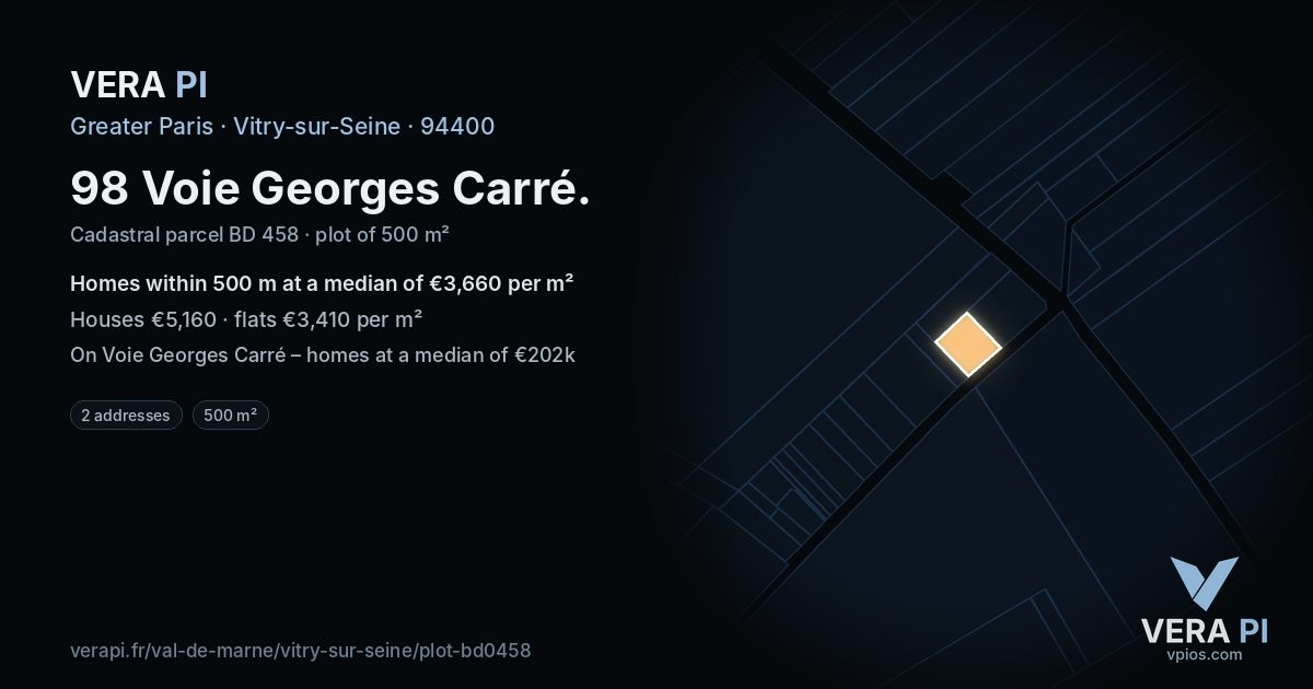 98 Voie Georges Carré, Vitry-sur-Seine at night – the plot lit, the parcels around coloured by the prices near them