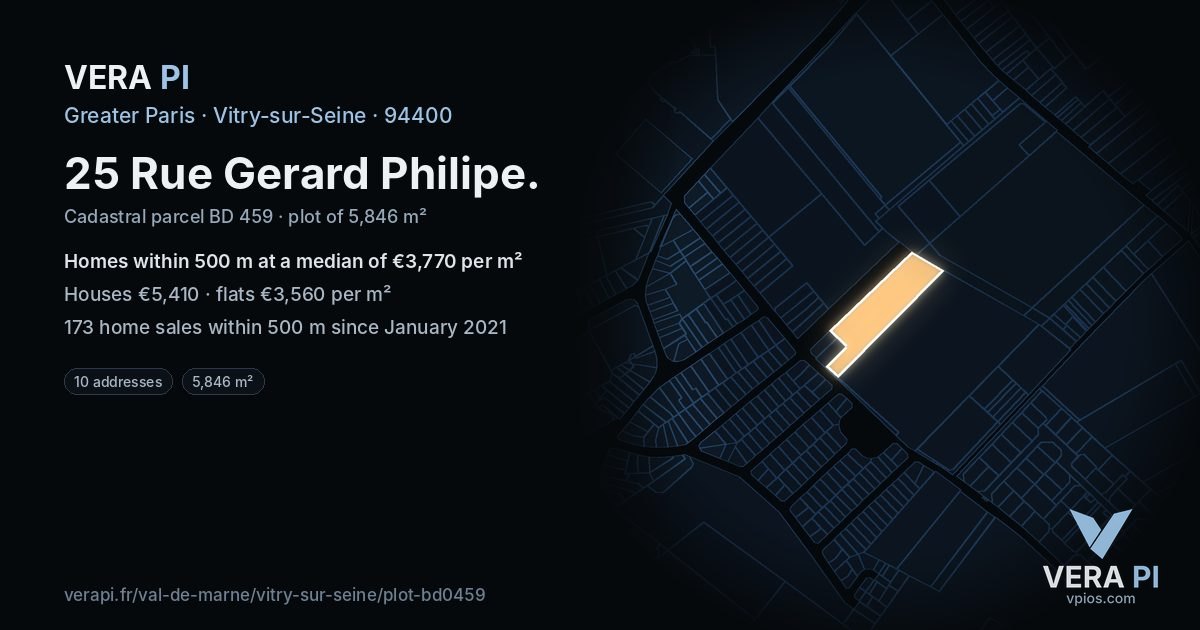 25 Rue Gerard Philipe, Vitry-sur-Seine at night – the plot lit, the parcels around coloured by the prices near them