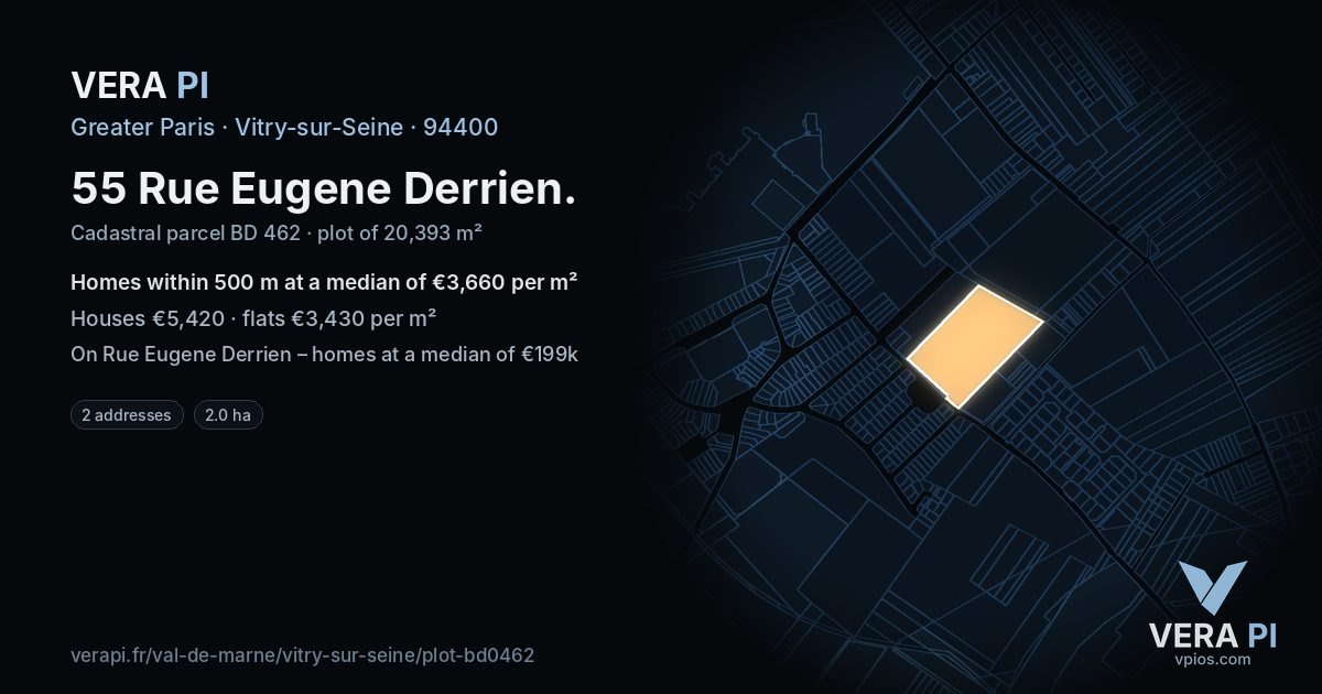 55 Rue Eugene Derrien, Vitry-sur-Seine at night – the plot lit, the parcels around coloured by the prices near them