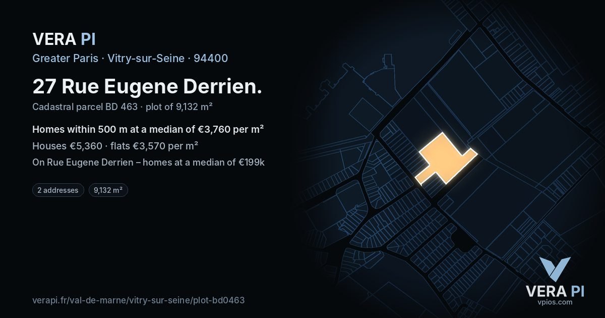 27 Rue Eugene Derrien, Vitry-sur-Seine at night – the plot lit, the parcels around coloured by the prices near them