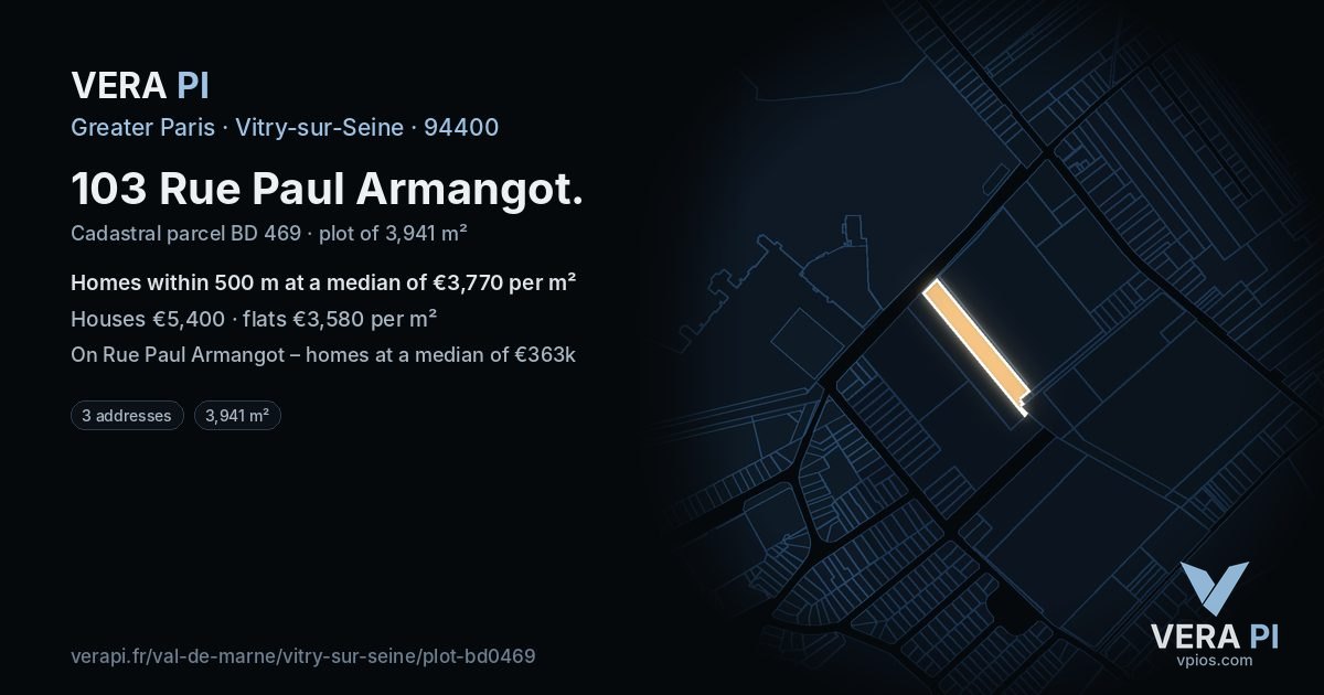 103 Rue Paul Armangot, Vitry-sur-Seine at night – the plot lit, the parcels around coloured by the prices near them