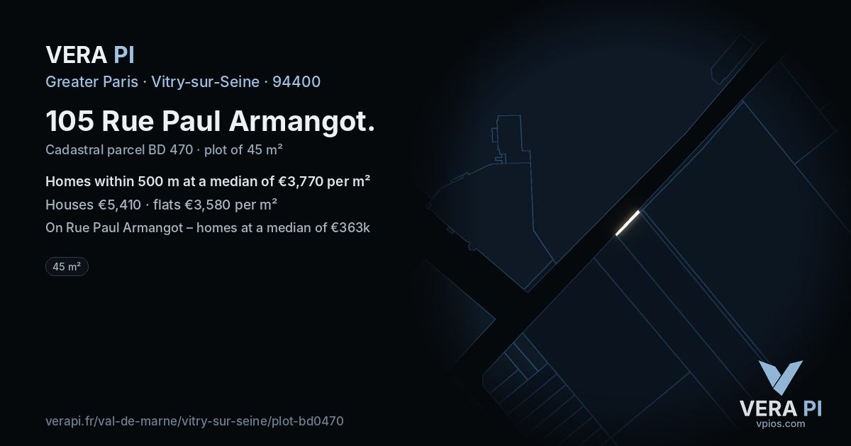 105 Rue Paul Armangot, Vitry-sur-Seine at night – the plot lit, the parcels around coloured by the prices near them