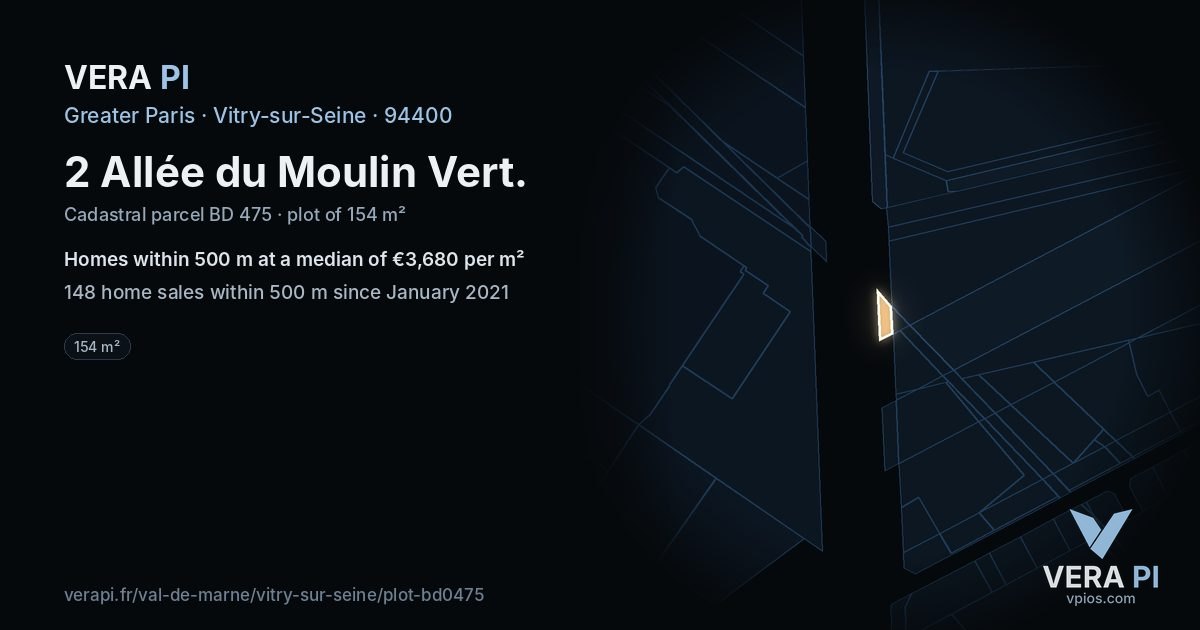 2 Allée du Moulin Vert, Vitry-sur-Seine at night – the plot lit, the parcels around coloured by the prices near them