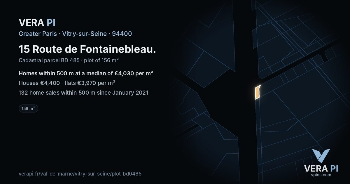 15 Route de Fontainebleau, Vitry-sur-Seine at night – the plot lit, the parcels around coloured by the prices near them