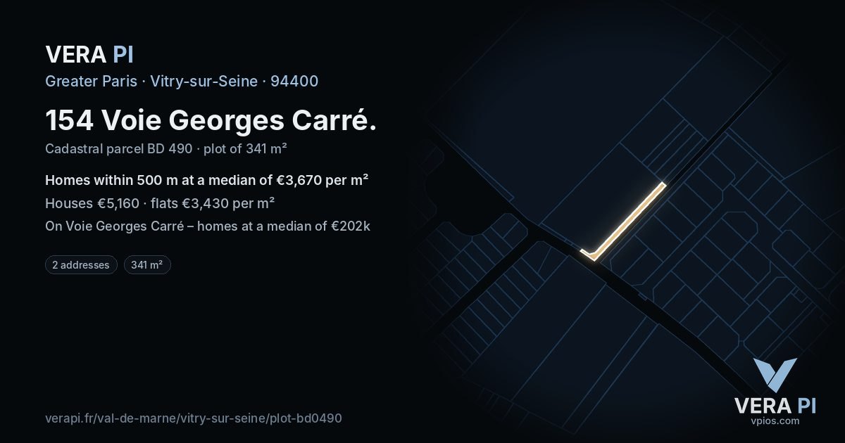 154 Voie Georges Carré, Vitry-sur-Seine at night – the plot lit, the parcels around coloured by the prices near them