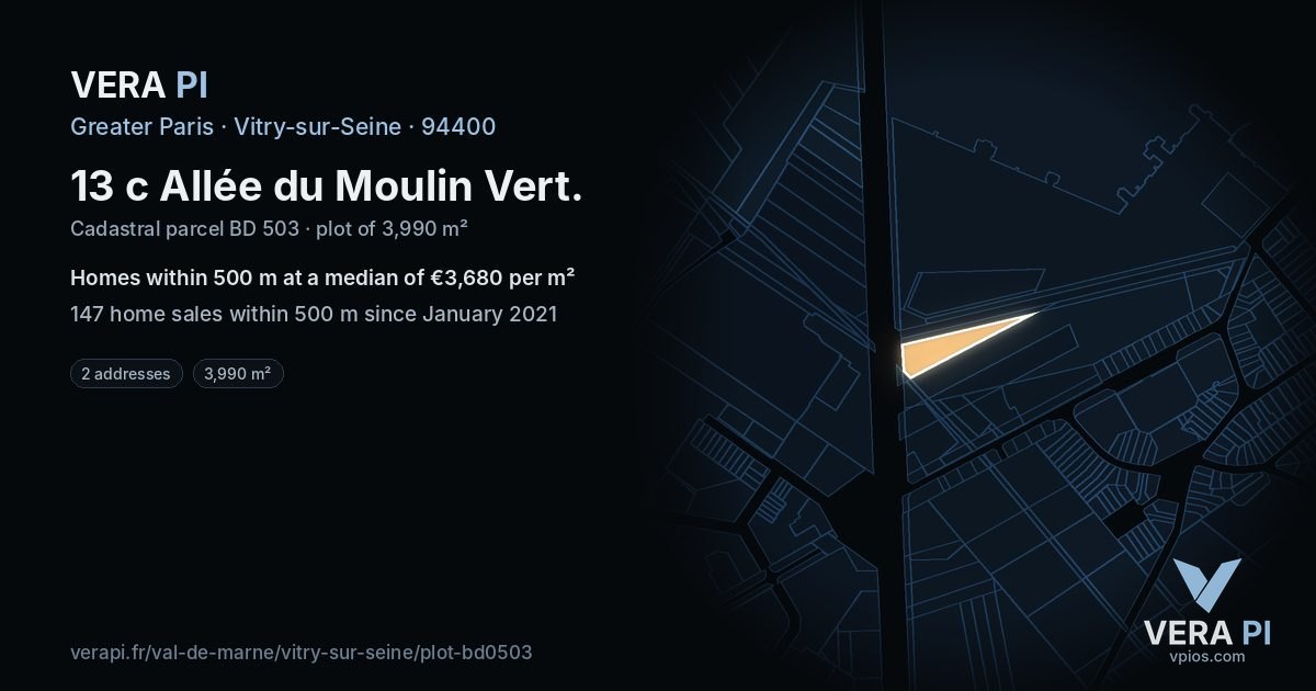 13 c Allée du Moulin Vert, Vitry-sur-Seine at night – the plot lit, the parcels around coloured by the prices near them