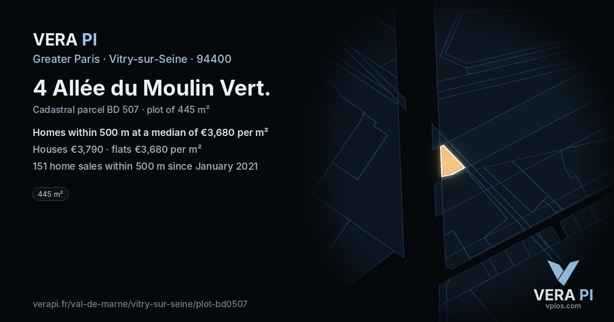 4 Allée du Moulin Vert, Vitry-sur-Seine at night – the plot lit, the parcels around coloured by the prices near them