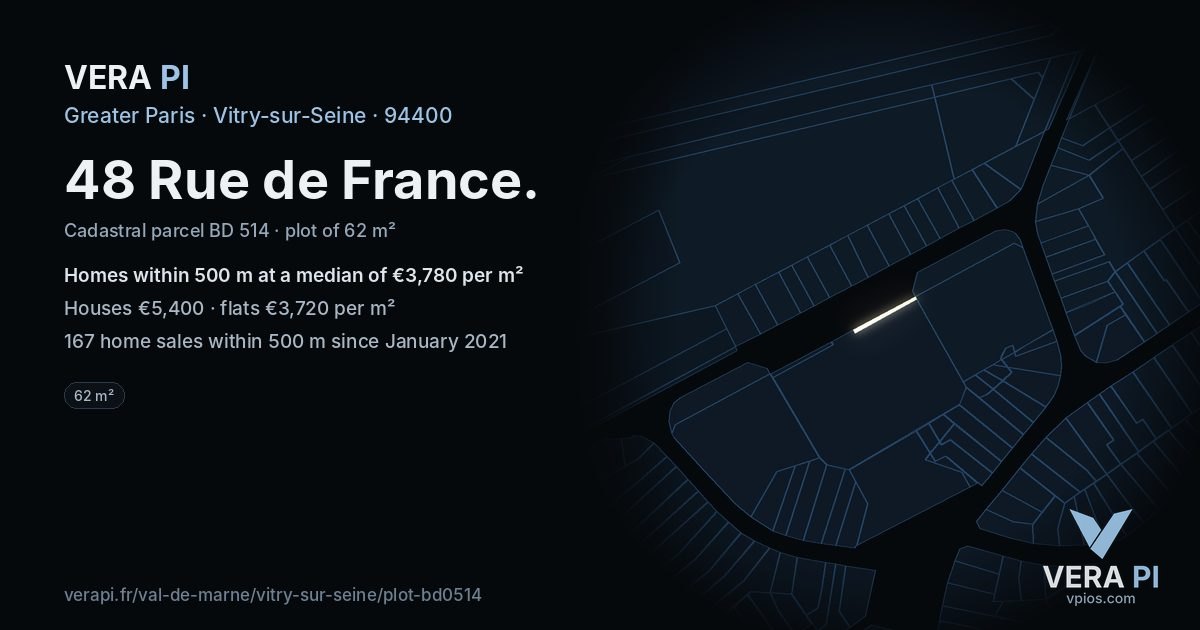 48 Rue de France, Vitry-sur-Seine at night – the plot lit, the parcels around coloured by the prices near them