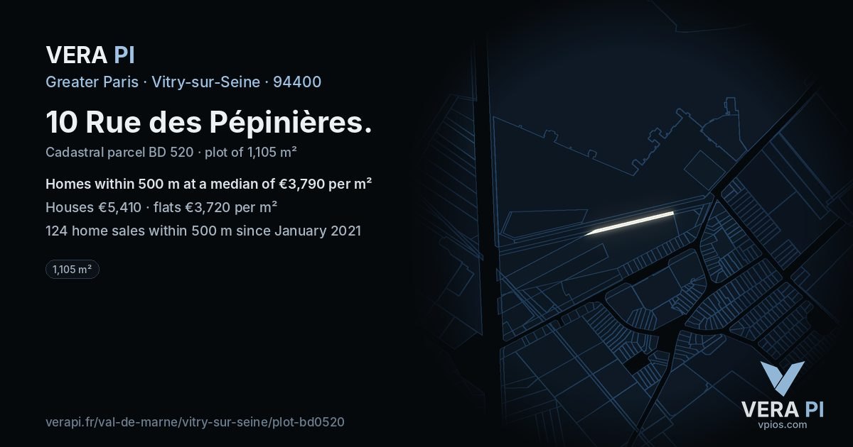 10 Rue des Pépinières, Vitry-sur-Seine at night – the plot lit, the parcels around coloured by the prices near them