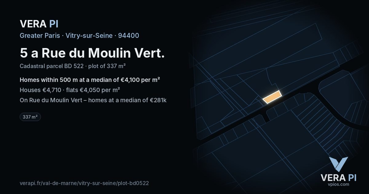 5 a Rue du Moulin Vert, Vitry-sur-Seine at night – the plot lit, the parcels around coloured by the prices near them