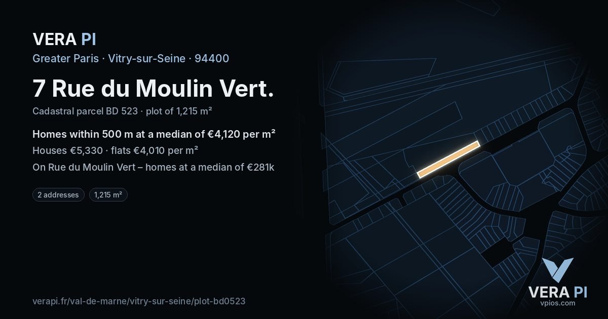 7 Rue du Moulin Vert, Vitry-sur-Seine at night – the plot lit, the parcels around coloured by the prices near them
