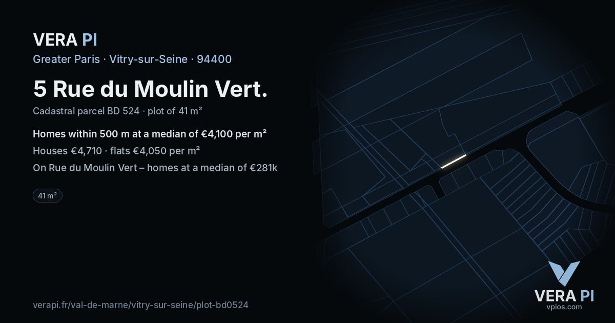 5 Rue du Moulin Vert, Vitry-sur-Seine at night – the plot lit, the parcels around coloured by the prices near them