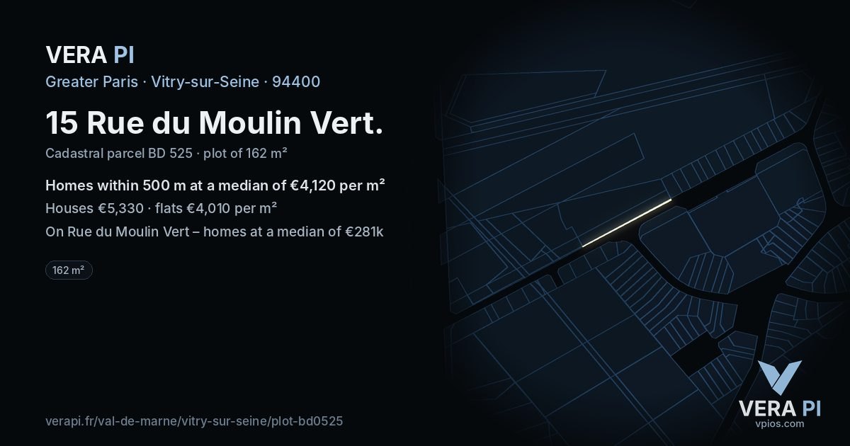 15 Rue du Moulin Vert, Vitry-sur-Seine at night – the plot lit, the parcels around coloured by the prices near them