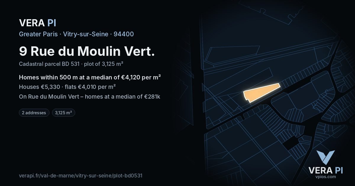 9 Rue du Moulin Vert, Vitry-sur-Seine at night – the plot lit, the parcels around coloured by the prices near them