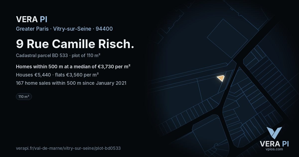 9 Rue Camille Risch, Vitry-sur-Seine at night – the plot lit, the parcels around coloured by the prices near them