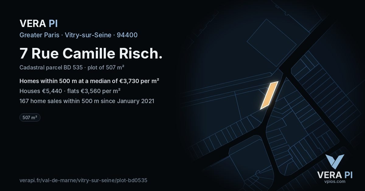 7 Rue Camille Risch, Vitry-sur-Seine at night – the plot lit, the parcels around coloured by the prices near them