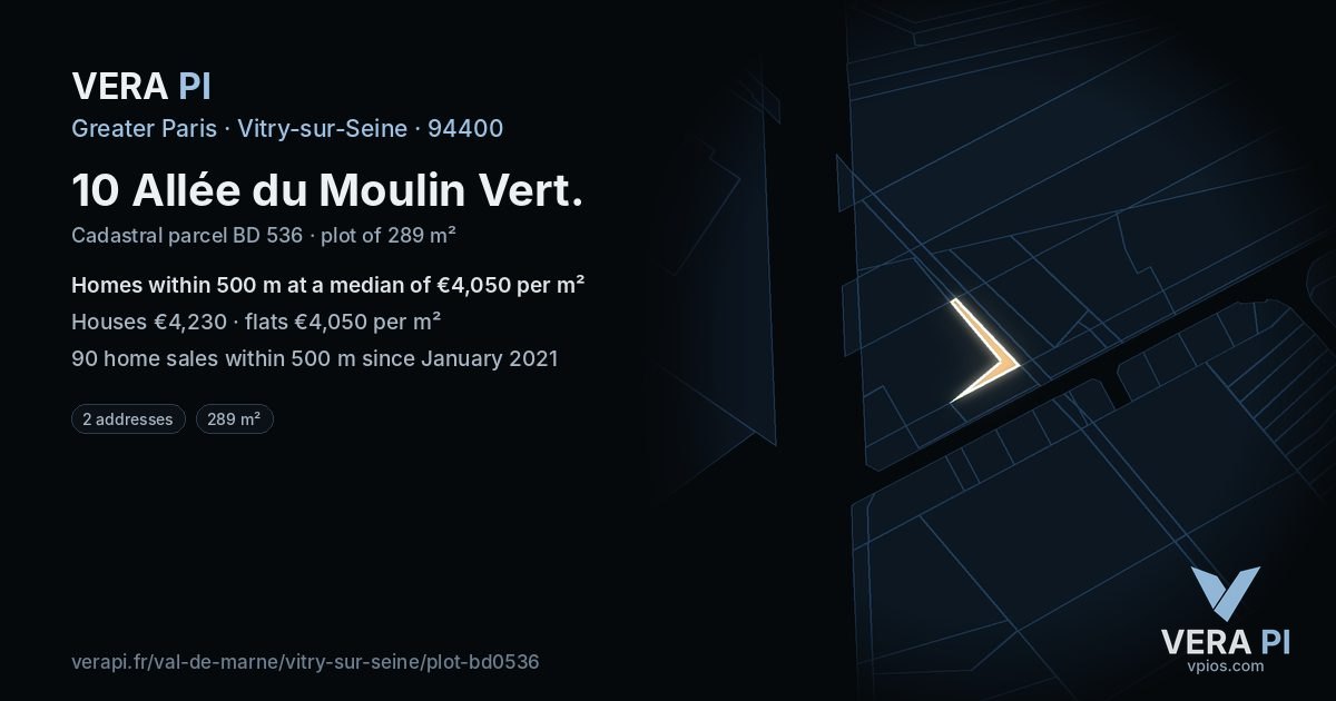 10 Allée du Moulin Vert, Vitry-sur-Seine at night – the plot lit, the parcels around coloured by the prices near them