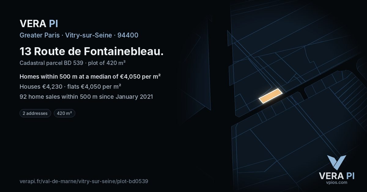13 Route de Fontainebleau, Vitry-sur-Seine at night – the plot lit, the parcels around coloured by the prices near them