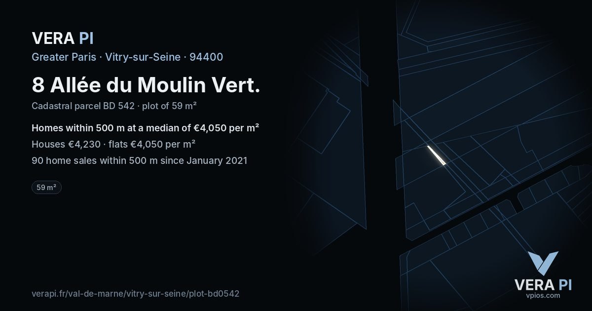 8 Allée du Moulin Vert, Vitry-sur-Seine at night – the plot lit, the parcels around coloured by the prices near them