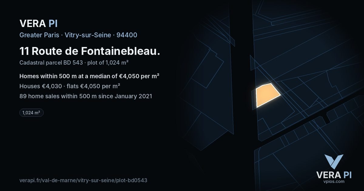 11 Route de Fontainebleau, Vitry-sur-Seine at night – the plot lit, the parcels around coloured by the prices near them