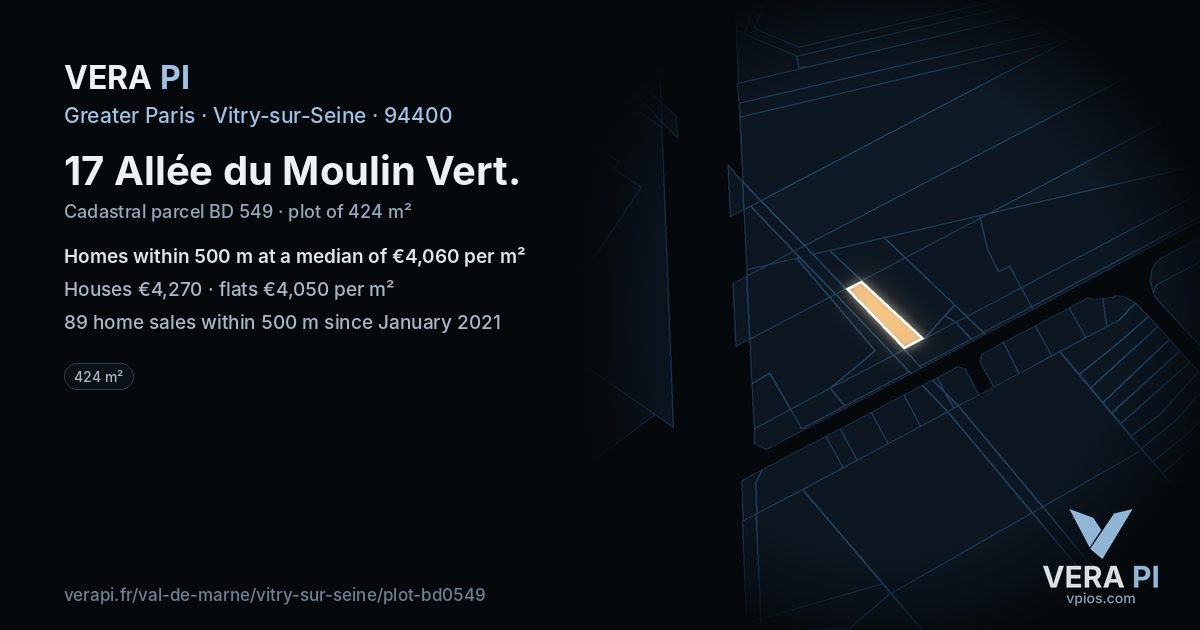 17 Allée du Moulin Vert, Vitry-sur-Seine at night – the plot lit, the parcels around coloured by the prices near them