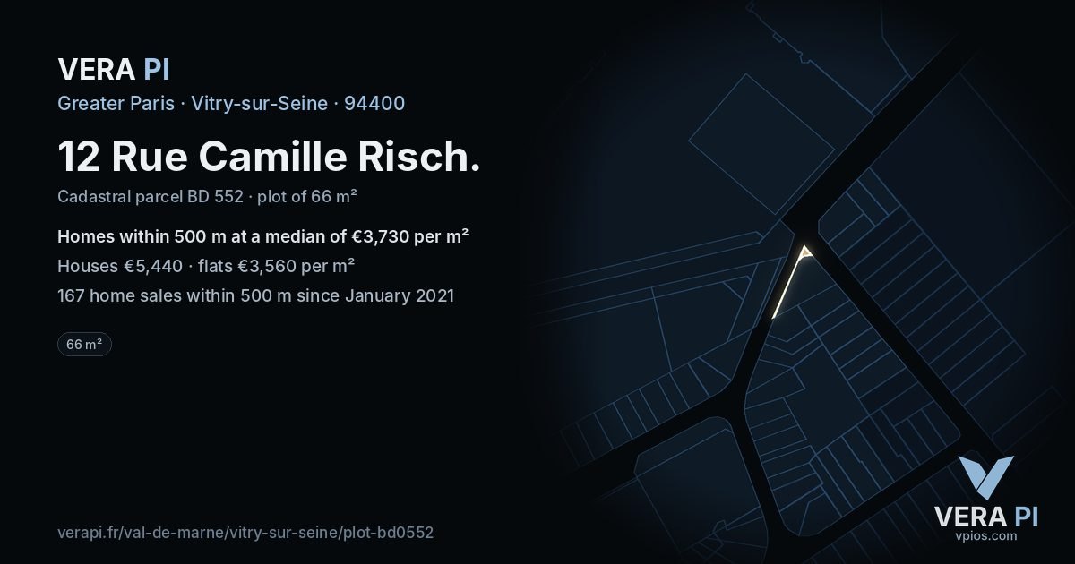 12 Rue Camille Risch, Vitry-sur-Seine at night – the plot lit, the parcels around coloured by the prices near them