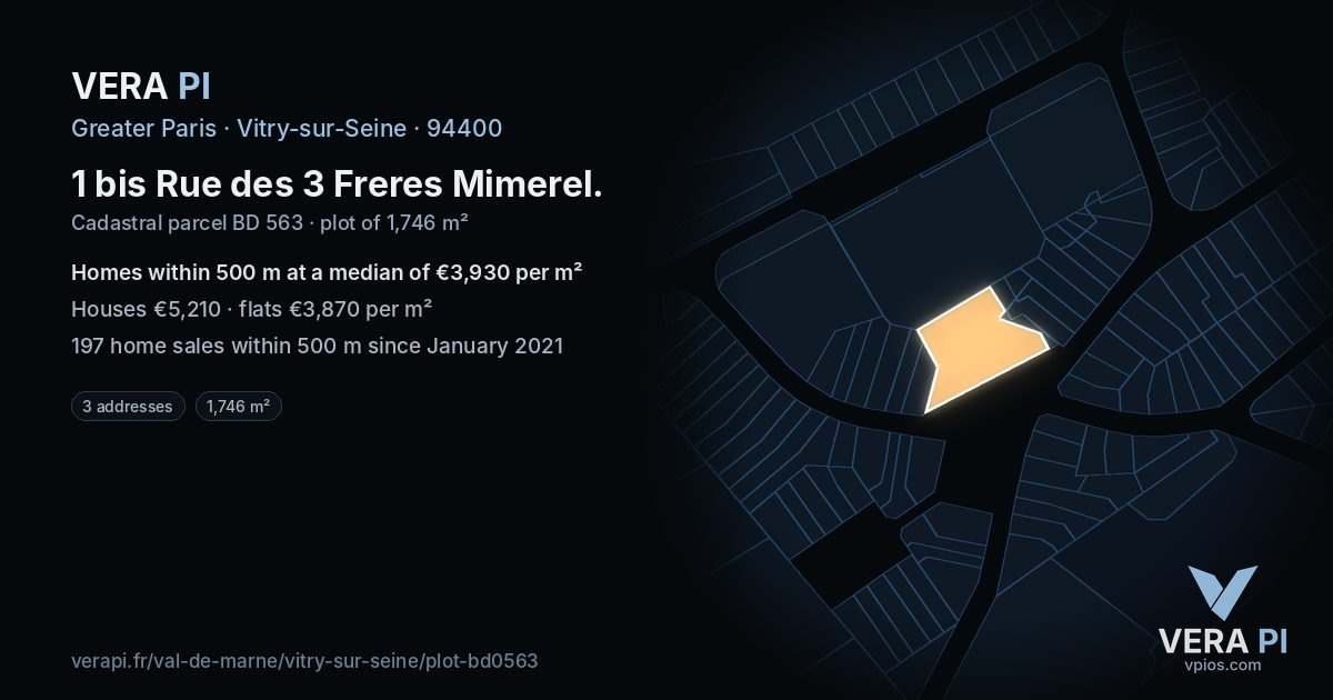 1 bis Rue des 3 Freres Mimerel, Vitry-sur-Seine at night – the plot lit, the parcels around coloured by the prices near them