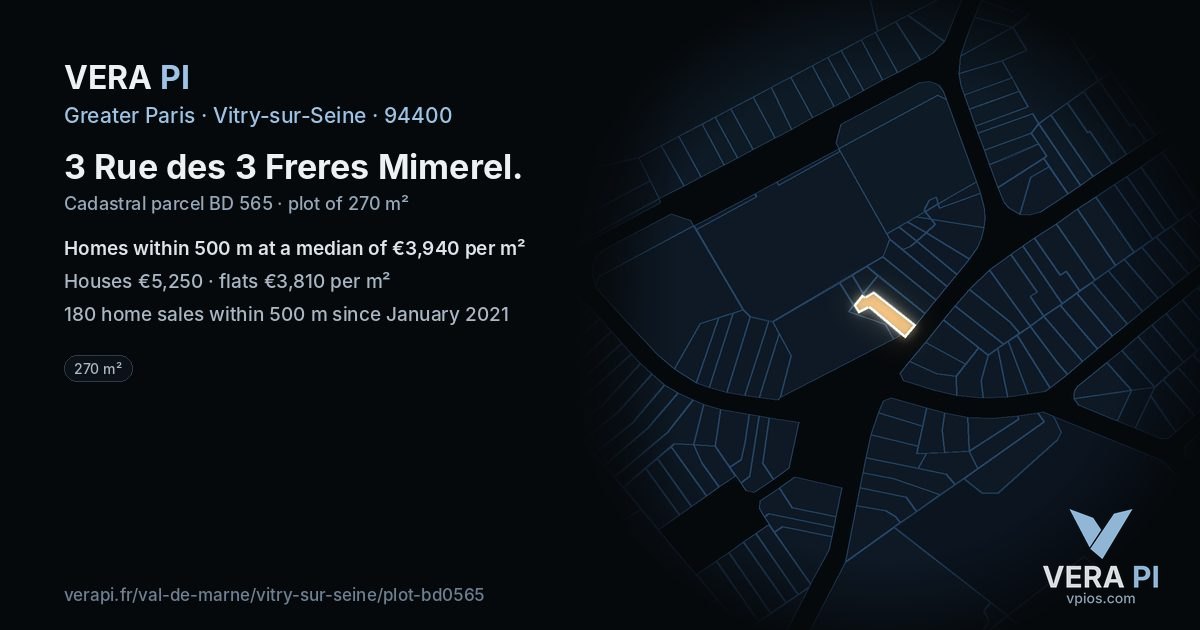 3 Rue des 3 Freres Mimerel, Vitry-sur-Seine at night – the plot lit, the parcels around coloured by the prices near them