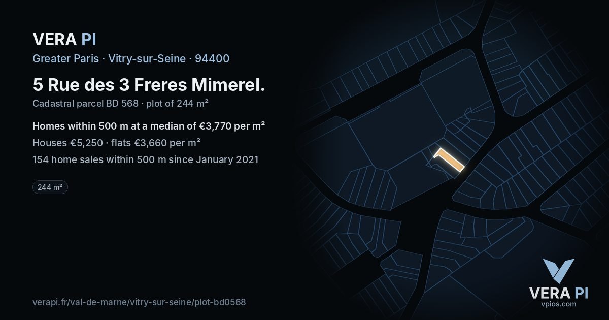 5 Rue des 3 Freres Mimerel, Vitry-sur-Seine at night – the plot lit, the parcels around coloured by the prices near them