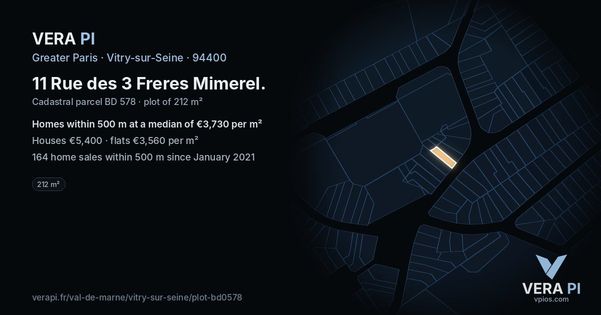 11 Rue des 3 Freres Mimerel, Vitry-sur-Seine at night – the plot lit, the parcels around coloured by the prices near them
