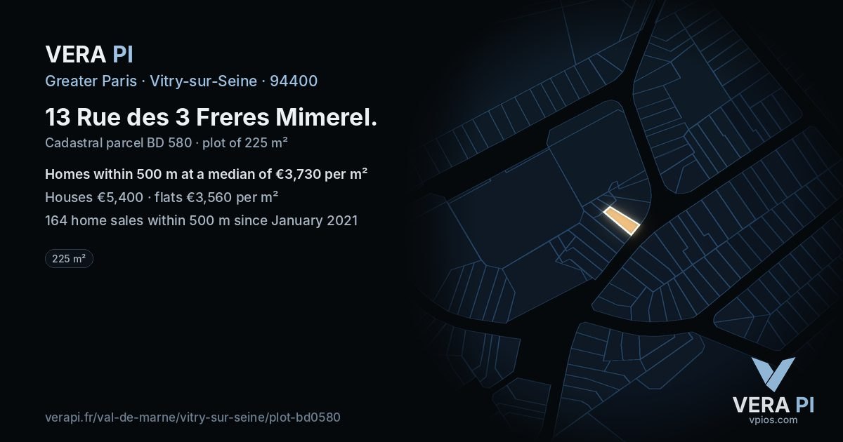 13 Rue des 3 Freres Mimerel, Vitry-sur-Seine at night – the plot lit, the parcels around coloured by the prices near them