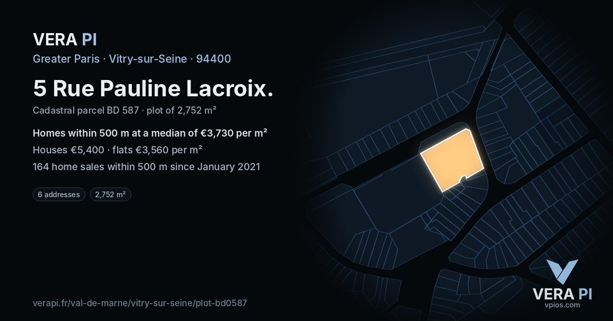 5 Rue Pauline Lacroix, Vitry-sur-Seine at night – the plot lit, the parcels around coloured by the prices near them