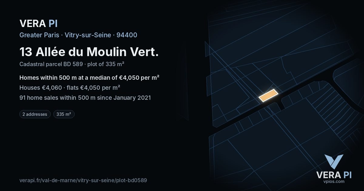 13 Allée du Moulin Vert, Vitry-sur-Seine at night – the plot lit, the parcels around coloured by the prices near them