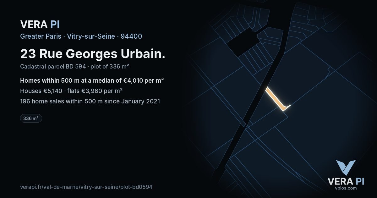 23 Rue Georges Urbain, Vitry-sur-Seine at night – the plot lit, the parcels around coloured by the prices near them