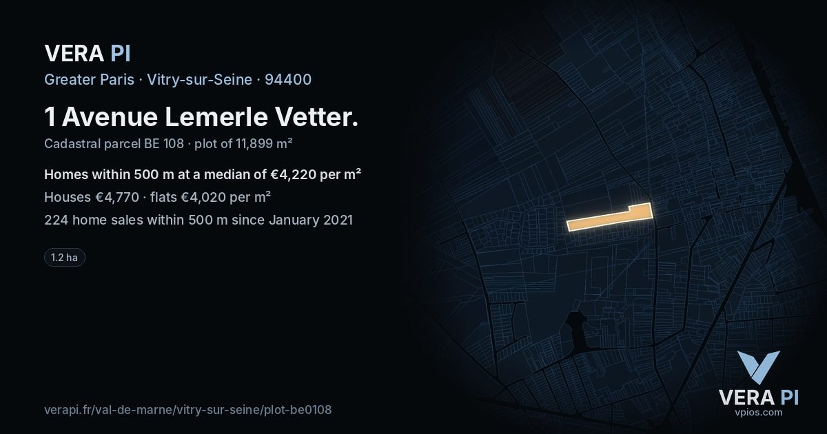 1 Avenue Lemerle Vetter, Vitry-sur-Seine at night – the plot lit, the parcels around coloured by the prices near them