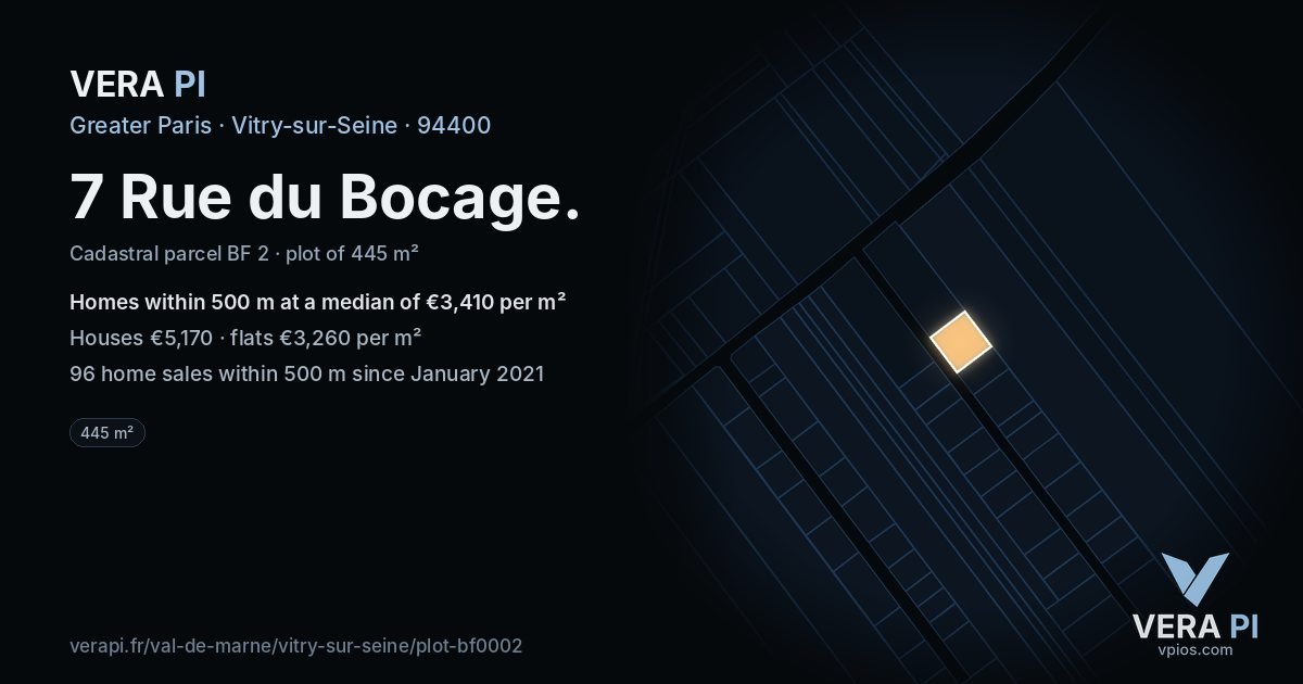 7 Rue du Bocage, Vitry-sur-Seine at night – the plot lit, the parcels around coloured by the prices near them
