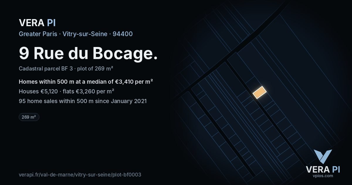 9 Rue du Bocage, Vitry-sur-Seine at night – the plot lit, the parcels around coloured by the prices near them