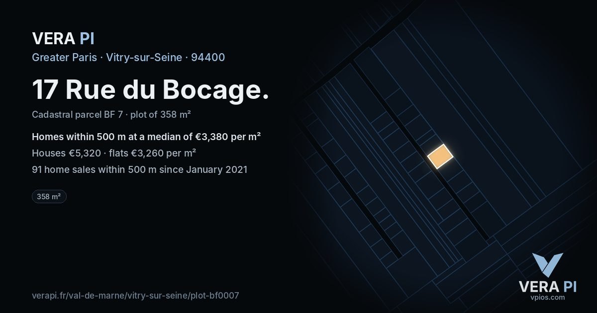 17 Rue du Bocage, Vitry-sur-Seine at night – the plot lit, the parcels around coloured by the prices near them